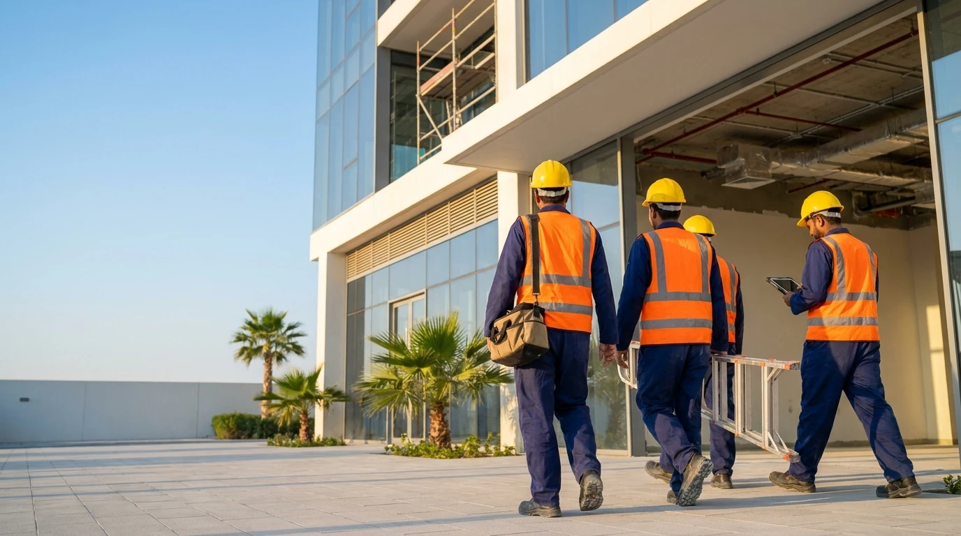Team of technicians in safety gear walking into a building project