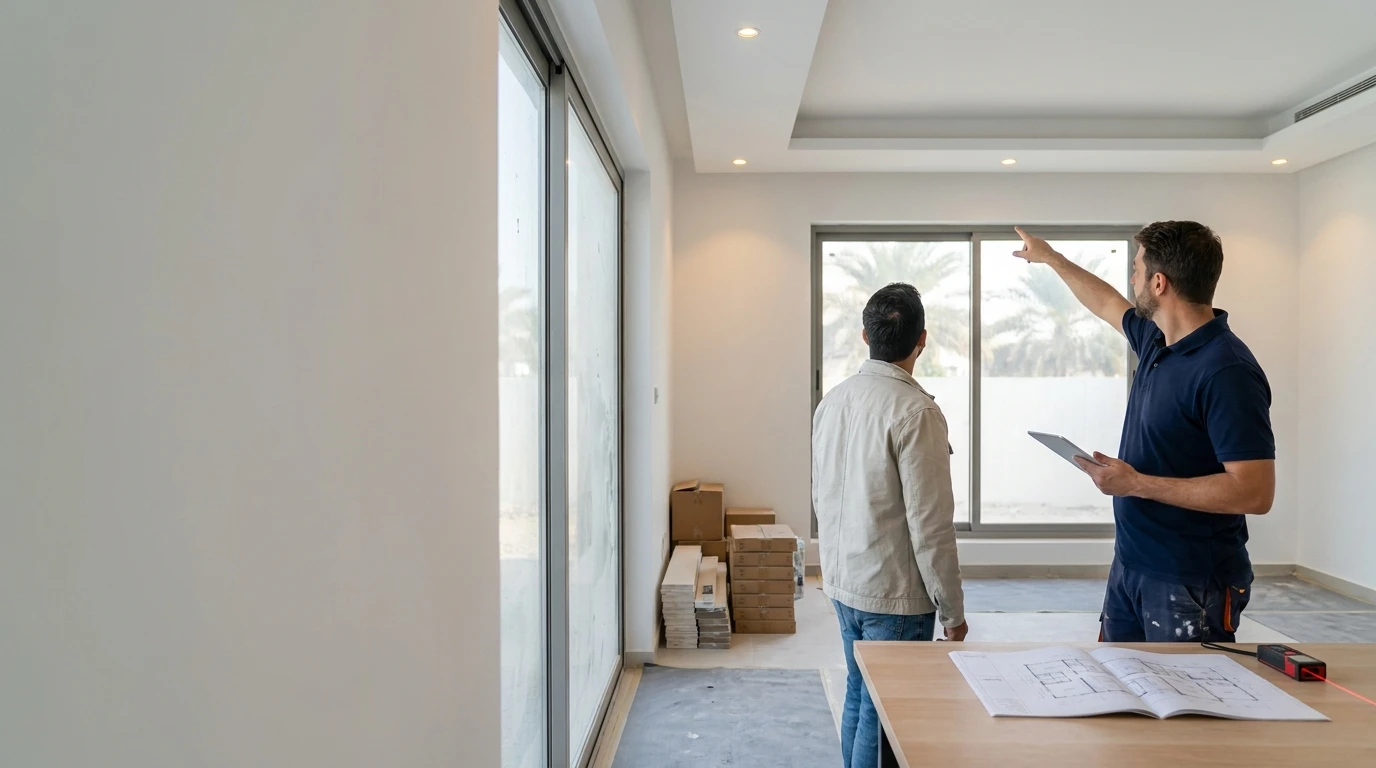 Technician discussing renovation plans with a homeowner in an empty room