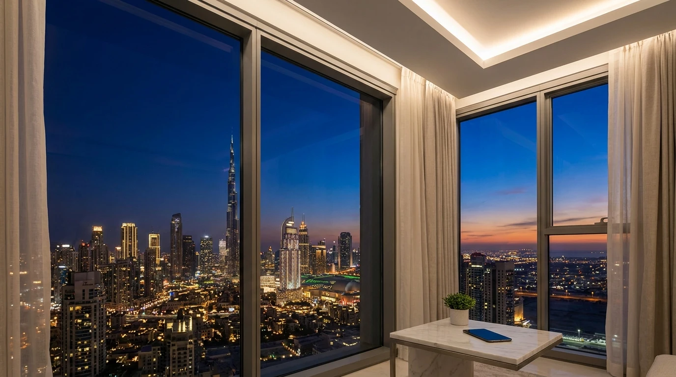 Apartment overlooking the Dubai skyline and Burj Khalifa at dusk