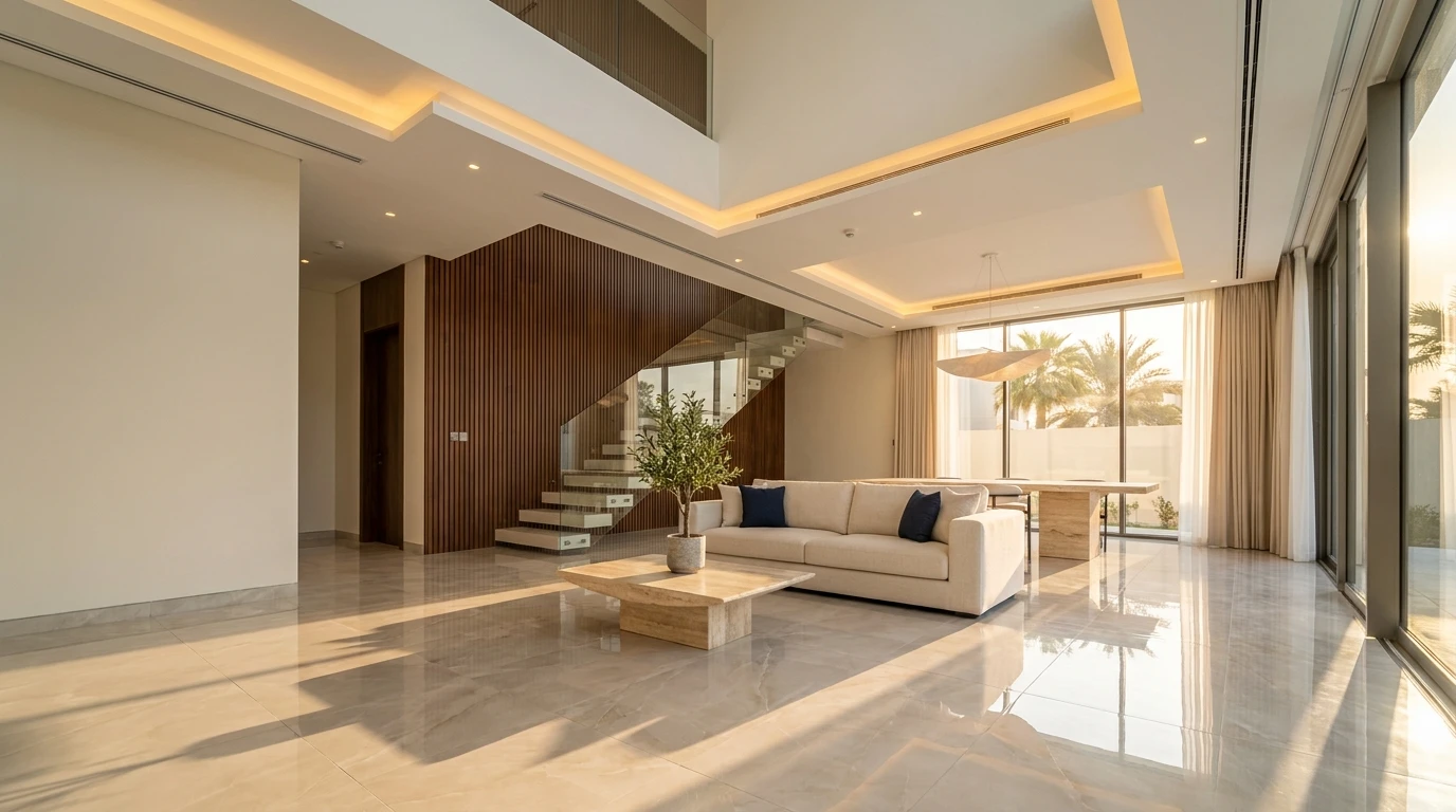 Renovated villa living room with a cove-lit ceiling, marble floor and wood-panelled staircase