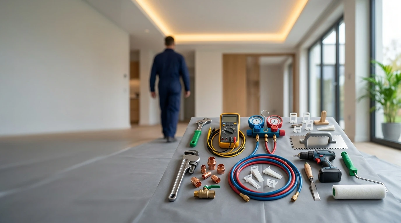 Plumbing, electrical, AC and tiling tools laid out in a room being renovated